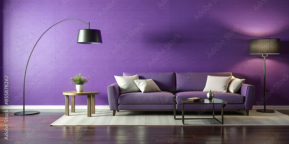 Wall mural Modern living room with purple walls, floor lamp, and black coffee table, modern, living room - Wall murals