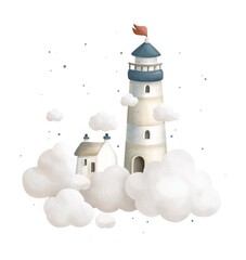 Watercolor illustration of a lighthouse flying in the clouds with stars. The illustration is perfect for design and printed products. JPG image format 300 dpi