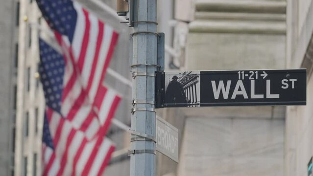 Close up of Wall Street sign in New York City with USA flags waving in background symbolizing the United States financial industry