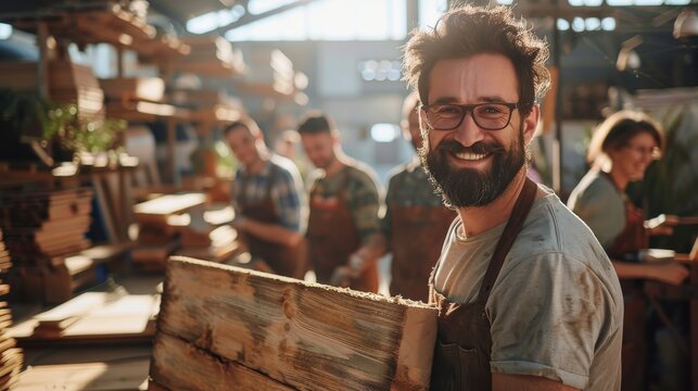 Team of carpenters proudly lifting a newly made wooden table in a sunlit workshop