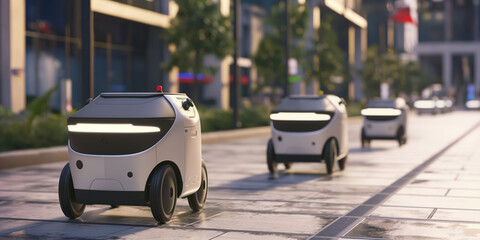 A autonomous delivery robots navigating city streets and delivering packages, highlighting the future of logistics and delivery services