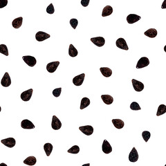 Black seeds contrast seamless pattern in watercolor isolated on white background, hand drawn for food design. Great for packages, textile, notebooks, wrapping paper and kitchen decor