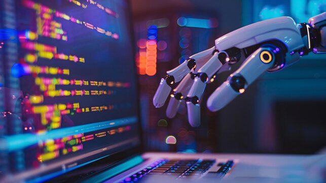 The collaboration between a robotic hand and a human software developer in coding automation is shown, as they work together to solve problems, debug, or write scripts.
