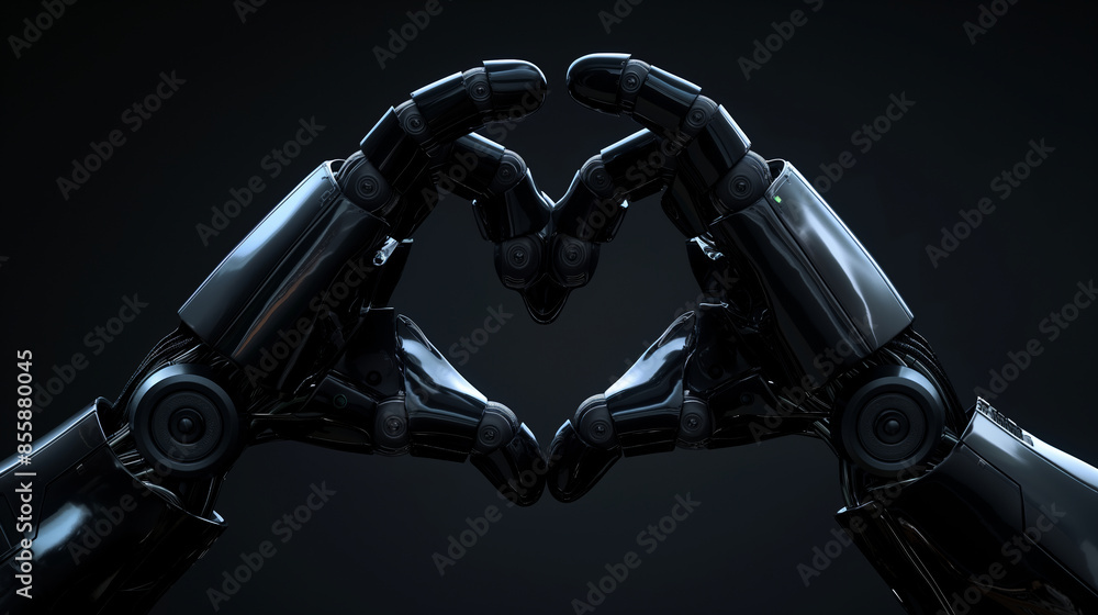 Poster two robotic hands forming a heart shape. close-up of a humanoid robot hands in the form of heart (he