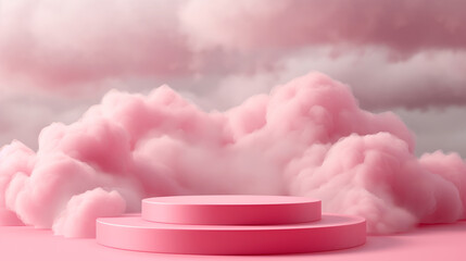 A pink cloud filled sky with a pink stage in the middle. Background podium pink 3d product sky...