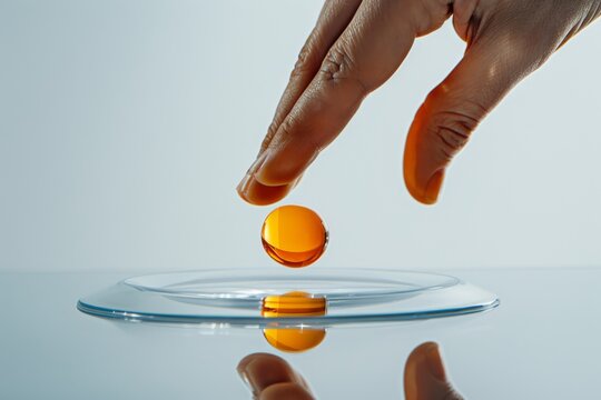 Fingers catching a lens with an orange applicator on a glass table with white background. Horizontal composition. Front view.