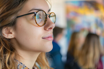 Thoughtful young Caucasian woman wearing glasses and looking at exhibition. In background, people are looking at paintings. Concept of Museum Day
