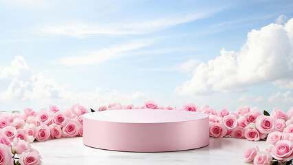 Podium background flower rose product pink 3d spring table beauty stand display nature white. Garden rose floral summer background podium cosmetic valentine Easter field scene gift purple day romantic