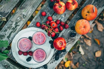 Forest fruit smoothie with milk in glass glasses on white plate and fruits on wooden bench. Top view.