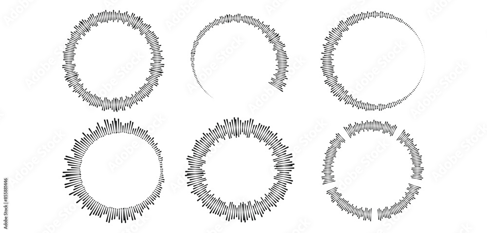 Poster set of abstract circular equalizer. sound waves. radial radio and voice volume symbol. vector illust