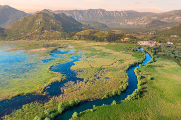 Birds eye view of Virpazar, a charming village on Lake Skadar edge, perfect for sightseeing and...