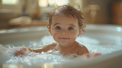 small child takes a bath. Parents bathe the baby. Pretty Baby. The newborn is bathed. Crusts on the baby's face. Bathroom with milk.