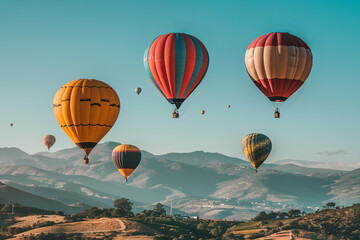 Naklejka premium Colorful hot air balloons flying over mountain 