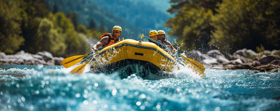 A group of friends white-water rafting down a thrilling river, navigating rapids and enjoying the adrenaline rush.