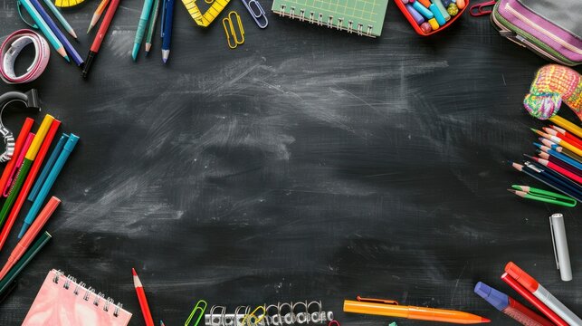 Panoramic School Supplies Border on Black Chalkboard wide angle lens