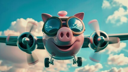 Piggy bank with pilot glasses flying a plane on blue sky background 3D Rendering, 3D Illustration wide angle lens