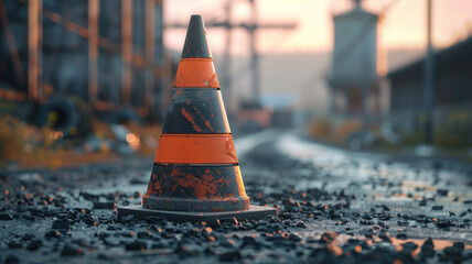 A traffic cone on a gravel road in an industrial setting.