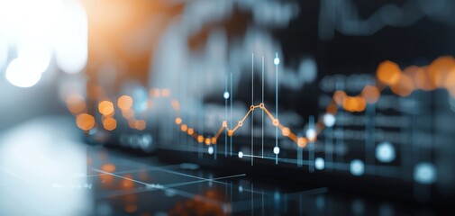 Abstract representation of financial data with bright lights and a focus on graphs and numbers, ideal for illustrating market trends and analytics.