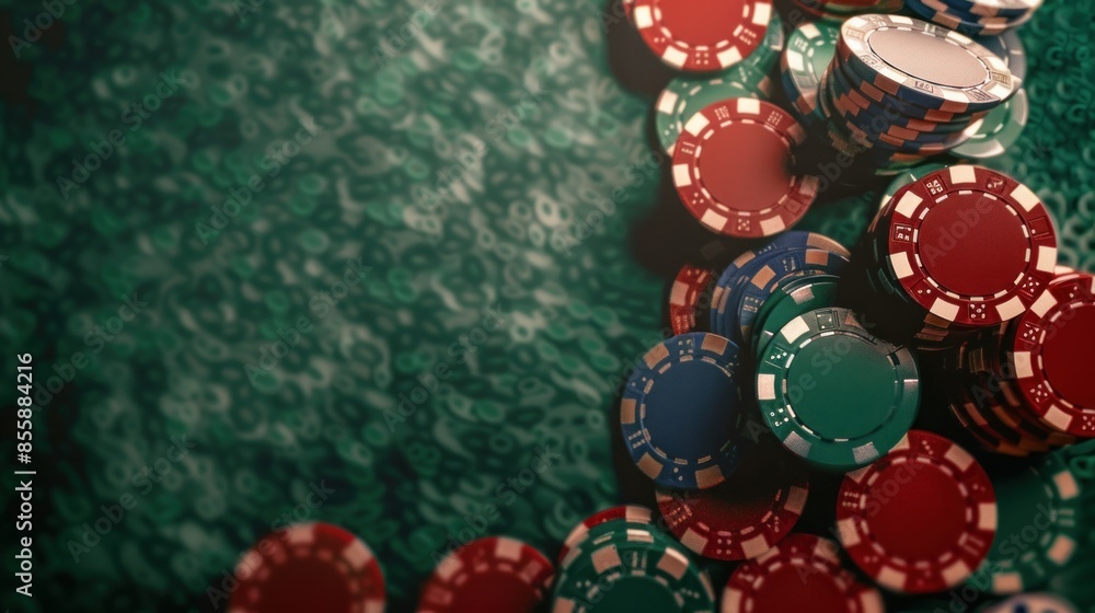 Wall mural poker flush royal background with casino chips on green table 3d rendering wide angle lens