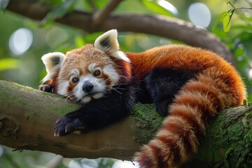 A red panda lounging on a tree branch, surrounded by green leaves. The red panda's bushy tail is hanging down and it has a relaxed expression 