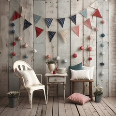 Cozy rustic decor with bunting flags, pillows, and potted plants against a wooden wall. Perfect for home decoration inspiration.