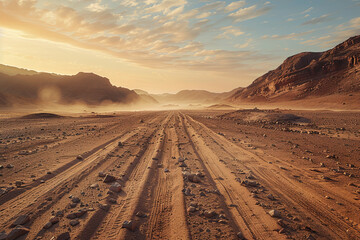 Safari and travel to Africa, extreme adventures or science expedition in a stone desert. Sahara desert at sunrise, mountain landscape with dust on skyline, hills and traces of the off-road car
