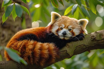 A red panda lounging on a tree branch, surrounded by green leaves. The red panda's bushy tail is hanging down and it has a relaxed expression 