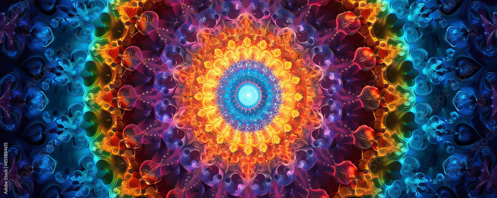 Poster a mesmerizing kaleidoscope pattern, its swirling colors and patterns creating a hypnotic effect.