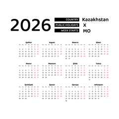 Kazakhstan calendar 2026. Week starts from Monday. Vector graphic design. Kazakh language.