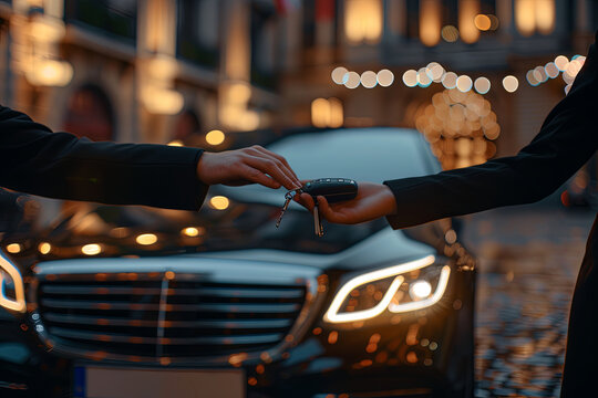 Close-up Of Valet's Hand Giving Car Key To Businessperson
