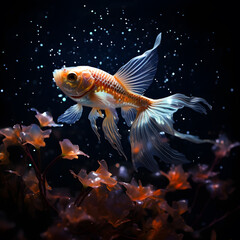 Fototapeta premium A goldfish gracefully swam in a crystal clear