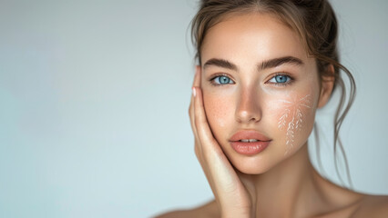 Fototapeta premium A beautiful woman with clean and healthy skin touching her face against a white background in a beauty advertising concept photo for cosmetic products.