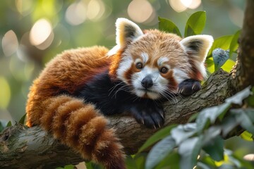 Fototapeta premium A red panda lounging on a tree branch, surrounded by green leaves. The red panda's bushy tail is hanging down and it has a relaxed expression 