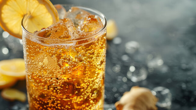 A refreshing glass of soda with ice and a slice of lemon.