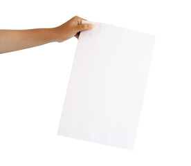 hand holding blank paper isolated on white background