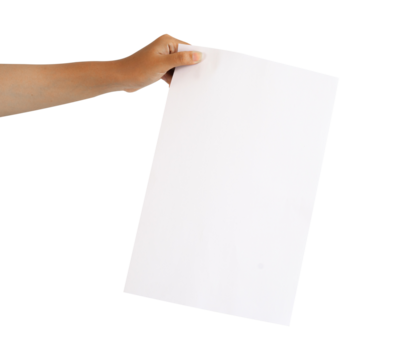 hand holding blank paper isolated on white background