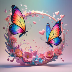 Two multicolored butterflies, their wings a captivating display of color, gracefully flutter through a scene bursting with delicate flowers and intricate heart shapes. Floating pastel details 