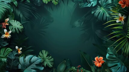 Lush tropical floral leaves in deep green background, copy space, empty space for text