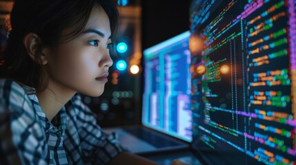 A young woman is deeply engaged in her work on a laptop computer, focusing on a big digital screen displaying back-end code lines as she develops a big data interface software project.