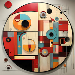 Composition abstraite géométrique en couleurs vives avec des formes circulaires et angulaires