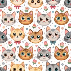 Obraz premium Seamless Pattern with Cute Cats in Flowers on White Background