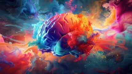Vibrant explosion of colors from human brain depicting creativity wide angle lens