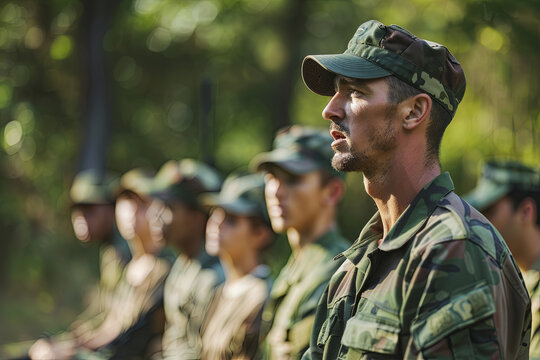 Trainer giving training to military soldiers at boot camp