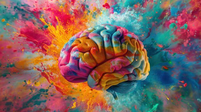 Vibrant explosion of colors from human brain depicting creativity wide angle lens