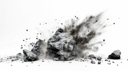 Rock stone white background fall black falling space isolated splash dust mountain cliff flying. Earth stone boulder texture rock abstract broken powder white dirt blast float burst fantasy surface