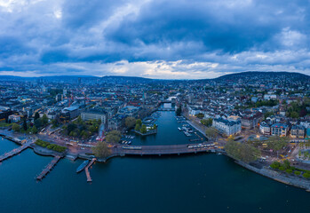 Zurich Old Town and Limmat River on Cloudy Evening. Switzerland. Aerial Panoramic View.
