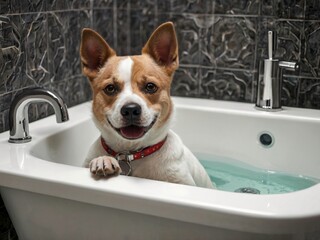 ia generated. dog in a bathroom
