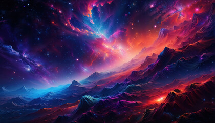 A colorful space scene with mountains and stars