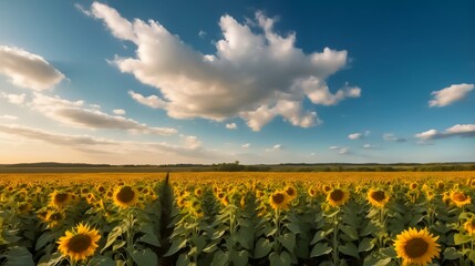 Obraz premium A Portrait of Sunflowers in Full Bloom Under a Bright Blue Sky with Fluffy White Clouds.