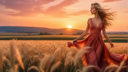 Beautiful Woman in Red Dress in the Oat Field. The Mature Oats Sway Gently in the Breeze, their Golden Heads Glowing Warmly, Surrounded by Golden Hour. Woman Model in the Oat Field.